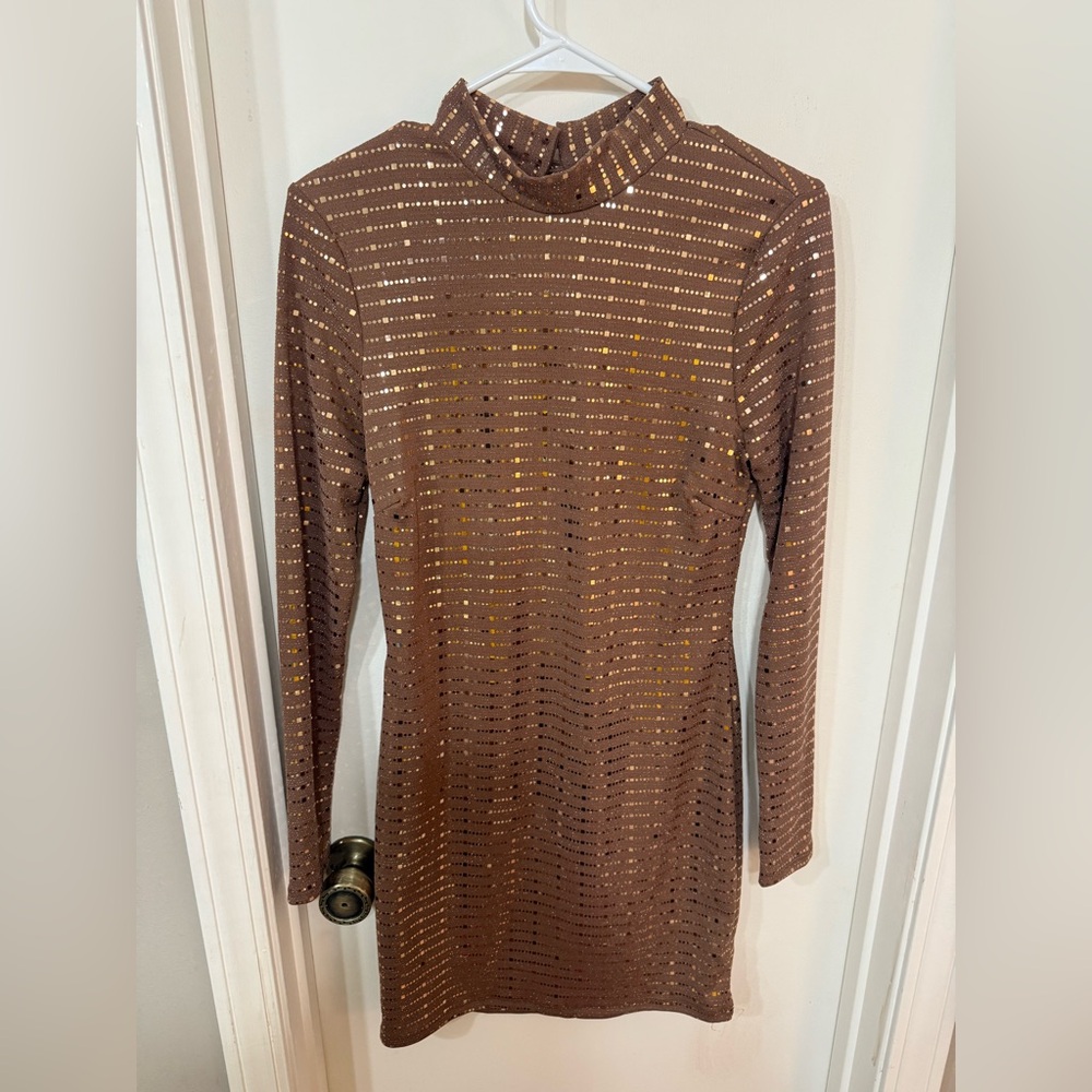 Chic Brown and Gold Mini Long Sleeve Dress